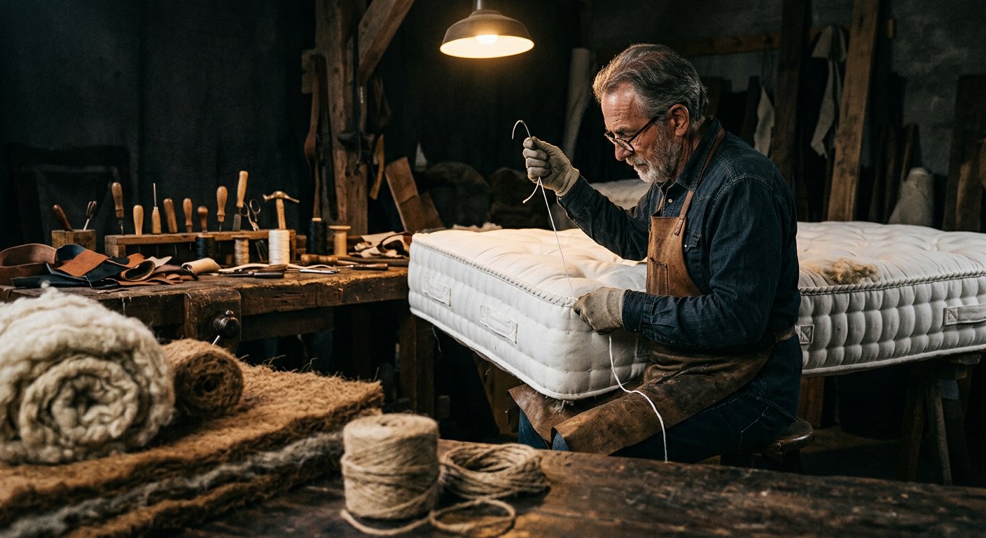 Hands stitching natural wool layers of a vibesleep mattress in the Dewsbury atelier